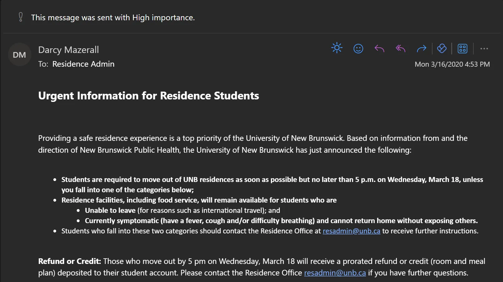 Residence Closure Email